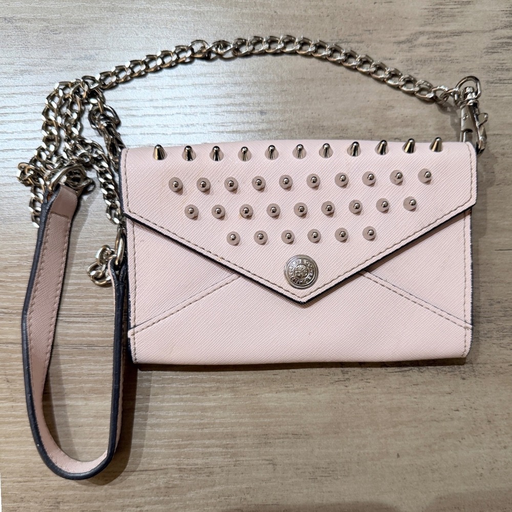 Rebecca Minkoff Pink Saffiano Leather Studded Envelope Crossbody Wallet‎ Bag